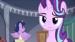 Size: 1136x640 | Tagged: alicorn, a royal problem, ballerina, clothes, derpibooru import, dress, grin, lidded eyes, nervous, nervous grin, raised eyebrow, safe, screencap, smiling, starlight glimmer, starlight is not amused, tutu, twilarina, twilight sparkle, twilight sparkle (alicorn), unamused