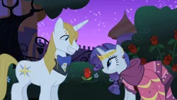 Size: 1280x720 | Tagged: safe, derpibooru import, screencap, prince blueblood, rarity, pony, unicorn, the best night ever, clothes, dress, female, flower, gala dress, looking at each other, male, mare, rose, stallion