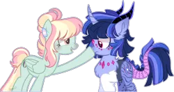 Size: 2740x1443 | Tagged: safe, artist:s1nb0y, derpibooru import, oc, oc:hummingbird, oc:starswirl sparkle, unofficial characters only, hybrid, pegasus, pony, unicorn, base used, boop, female, interspecies offspring, mare, offspring, parent:discord, parent:rainbow dash, parent:twilight sparkle, parent:zephyr breeze, parents:discolight, parents:zephdash, simple background, transparent background