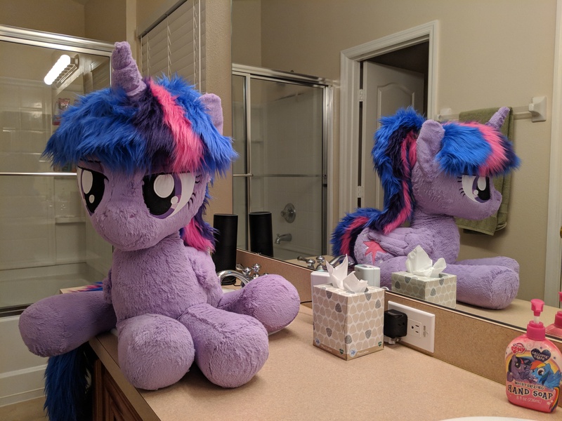 Size: 4032x3024 | Tagged: alicorn, artist:joltage, bathroom, bedroom eyes, derpibooru import, irl, life size, mirror, photo, photographer:corpulentbrony, plushie, safe, shower, solo, twilight sparkle, twilight sparkle (alicorn)