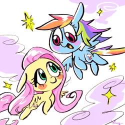 Size: 800x800 | Tagged: safe, artist:yang0, derpibooru import, fluttershy, rainbow dash, pegasus, pony, blush sticker, blushing, chibi, cloud, duo, flying, looking at each other, signature, simple background, sky, smiling, sparkles, spread wings, white background, wings