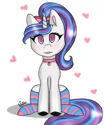 Size: 1024x1221 | Tagged: safe, artist:nyokoart, derpibooru import, oc, unofficial characters only, pony, unicorn, bow, choker, clothes, hair bow, heart, ponytail, simple background, socks, solo, striped socks, thigh highs, white background