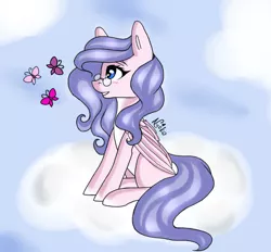 Size: 1024x949 | Tagged: safe, artist:nyokoart, derpibooru import, oc, unofficial characters only, butterfly, pegasus, pony, cloud, glasses, smiling, solo