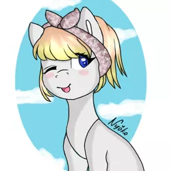 Size: 1024x1033 | Tagged: safe, artist:nyokoart, derpibooru import, oc, unofficial characters only, earth pony, pony, blushing, hairband, one eye closed, raspberry, smiling, solo, tongue out, wink