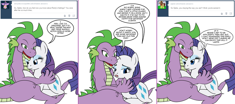 Size: 1808x800 | Tagged: safe, artist:dekomaru, derpibooru import, rarity, spike, dragon, pony, unicorn, tumblr:ask twixie, ask, cuddling, female, male, mare, older, shipping, sparity, straight, tumblr