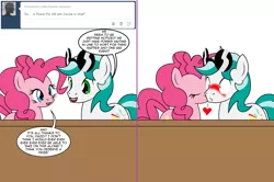 Size: 1204x800 | Tagged: safe, artist:dekomaru, derpibooru import, pinkie pie, oc, oc:dazzle, earth pony, pony, tumblr:ask twixie, ask, blushing, canon x oc, comic, female, kissing, male, shipping, stallion, straight, tumblr