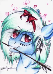 Size: 1024x1427 | Tagged: arrow, artist:scootiegp, bow, bust, derpibooru import, feather, female, grin, heart, indian, looking at you, oc, oc:greeny, portrait, safe, signature, smiling, solo, traditional art, triangle, unofficial characters only