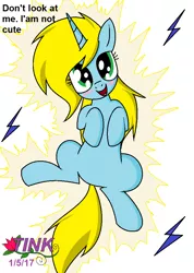 Size: 674x944 | Tagged: dead source, safe, artist:pencil bolt, derpibooru import, oc, oc:betterry, unofficial characters only, pony, unicorn, blatant lies, cute, denial's not just a river in egypt, electricity, female, i'm not cute, mare