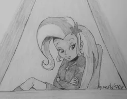 Size: 1603x1252 | Tagged: safe, artist:marta4708, derpibooru import, trixie, equestria girls, equestria girls series, rarity investigates: the case of the bedazzled boot, grayscale, monochrome, scene interpretation, solo, traditional art