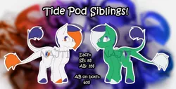 Size: 1600x815 | Tagged: safe, artist:najti, derpibooru import, oc, oc:tide pod, ponified, unofficial characters only, earth pony, pony, adopt auction, adoptable, adoption, auction, cute, genderless, looking at you, looking up, meme, pod, siblings, smiling, standing, tide, tide pods, two tails