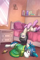 Size: 848x1280 | Tagged: safe, artist:dragonataxia, derpibooru import, octavia melody, vinyl scratch, earth pony, pony, unicorn, fanfic, fanfic:allegrezza, allegrezza, bed, book, bookshelf, clothes, duo, fanfic art, female, hangover, mare, mirror, socks