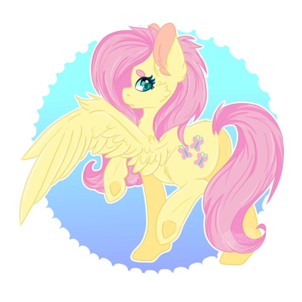 Size: 1024x1024 | Tagged: safe, artist:i3la-dee, derpibooru import, fluttershy, pegasus, pony, beanbrows, cheek fluff, circle, eyebrows, looking at you, looking back, looking back at you, looking sideways, plot, raised hoof, raised leg, simple background, solo, spread wings, standing, transparent background, underhoof, wings