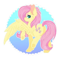 Size: 1024x1024 | Tagged: safe, artist:i3la-dee, derpibooru import, fluttershy, pegasus, pony, beanbrows, cheek fluff, circle, eyebrows, looking at you, looking back, looking back at you, looking sideways, plot, raised hoof, raised leg, simple background, solo, spread wings, standing, transparent background, underhoof, wings