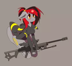 Size: 2480x2272 | Tagged: safe, artist:ivyredmond, derpibooru import, oc, oc:tomoko tanue, unofficial characters only, anthro, bat pony, umbreon, fallout equestria, blushing, clothes, cutie mark, female, floppy ears, gun, hoodie, mare, optical sight, pokémon, rifle, simple background, sniper, sniper rifle, solo, weapon