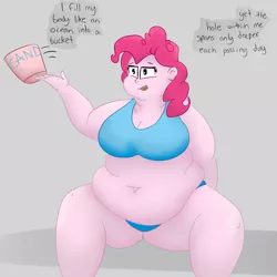Size: 2500x2500 | Tagged: suggestive, artist:lupin quill, derpibooru import, pinkie pie, equestria girls, bbw, belly, belly button, big belly, big breasts, bingo wings, bra, breasts, busty pinkie pie, candy, chubby cheeks, clothes, fat, female, food, fupa, obese, open mouth, panties, piggy pie, pudgy pie, rolls of fat, simple background, solo, solo female, stretchmarks, thunder thighs, underwear