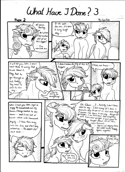 Size: 2550x3506 | Tagged: apology, artist:lupiarts, black and white, comic, comic:what have i done, derpibooru import, family, grayscale, monochrome, oc, oc:camilla curtain, oc:chess, oc:roselyn bloom, oc:sally, page, safe, speech bubble, traditional art, tragedy, unofficial characters only