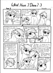 Size: 2550x3506 | Tagged: apology, artist:lupiarts, black and white, comic, comic:what have i done, derpibooru import, family, grayscale, monochrome, oc, oc:camilla curtain, oc:chess, oc:roselyn bloom, oc:sally, page, safe, speech bubble, traditional art, tragedy, unofficial characters only