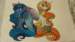 Size: 3264x1836 | Tagged: safe, artist:muserkikki, derpibooru import, princess celestia, princess luna, alicorn, pony, colored wings, crown, female, jewelry, mare, regalia, royal sisters, traditional art