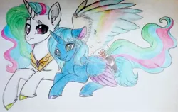 Size: 2529x1594 | Tagged: safe, artist:evergreen-gemdust, derpibooru import, princess celestia, princess luna, alicorn, pony, colored wings, female, hug, mare, multicolored wings, prone, s1 luna, traditional art, winghug