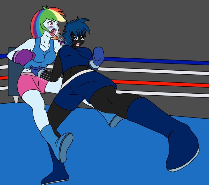 Size: 1239x1100 | Tagged: suggestive, artist:linedraweer, derpibooru import, rainbow dash, oc, oc:jinx, equestria girls, blood, boxing, boxing gloves, breasts, catfight, commission, fight, fighting stance, mouth guard, pose, punch, spit, sports, uppercut