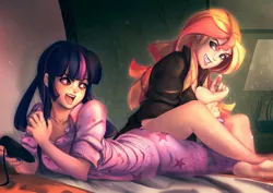 Size: 990x700 | Tagged: suggestive, artist:bakki, derpibooru import, sunset shimmer, twilight sparkle, human, equestria girls, barefoot, clothes, controller, distraction, feet, female, fetish, foot fetish, human coloration, humanized, laughing, lesbian, lying down, pajamas, shipping, smiling, sunsetsparkle, tickling