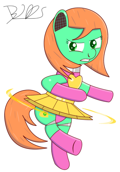 Size: 978x1400 | Tagged: safe, artist:trackheadtherobopony, derpibooru import, oc, oc:goldheart, unofficial characters only, pony, robot, robot pony, clothes, female, jumping, leotard, mid-air, signature, simple background, skirt, solo, transparent background