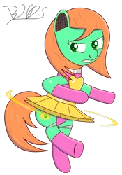 Size: 978x1400 | Tagged: safe, artist:trackheadtherobopony, derpibooru import, oc, oc:goldheart, unofficial characters only, pony, robot, robot pony, clothes, female, jumping, leotard, mid-air, signature, simple background, skirt, solo, transparent background