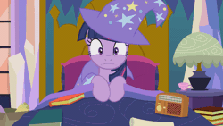Size: 800x450 | Tagged: accessory swap, alicorn, animated, artist:agrol, bed, blinking, book, cape, clothes, cup, derpibooru import, gif, hat, magic lessons, radio, safe, teacup, the great and powerful, the great and powerful twilight, trixie's cape, trixie's hat, twilight sparkle, twilight sparkle (alicorn)