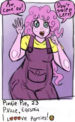 Size: 433x700 | Tagged: safe, artist:countaile, derpibooru import, pinkie pie, human, chubby, clothes, dialogue, fourth wall, humanized, overalls, pony coloring, solo, tinder