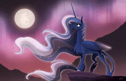 Size: 1400x906 | Tagged: safe, artist:probablyfakeblonde, derpibooru import, princess luna, alicorn, pony, chest fluff, cloven hooves, female, full moon, leonine tail, mare, moon, night, profile, smiling, solo, unshorn fetlocks