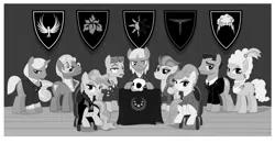 Size: 6000x3592 | Tagged: artist:magister39, black and white, conspiracy, conspiracy theory, derpibooru import, grayscale, hoity toity, mayor mare, monochrome, safe, skull, stormy flare, wind rider, younger