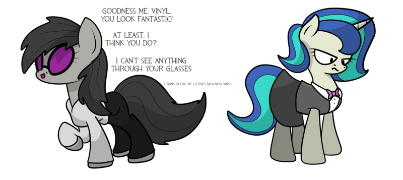 Size: 2420x1080 | Tagged: safe, artist:moonatik, derpibooru import, octavia melody, vinyl scratch, earth pony, pony, unicorn, accessory swap, alternate hairstyle, blind, bowtie, clothes, clothes swap, dialogue, female, glasses, hoodie, mare, raised hoof, shirt, simple background, skirt, tights, transparent background, unamused, vinyl is not amused, waistcoat