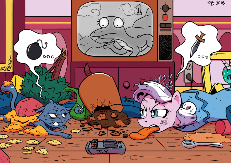 Size: 1860x1311 | Tagged: safe, artist:pony-berserker, derpibooru import, diamond tiara, oc, oc:dazzle, cat, earth pony, pony, bomb, chips, female, filly, food, knife, messy, my tiny gecko, nacho cheese, nachos, pictogram, remote, television, tongue out, weapon