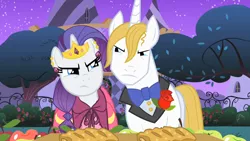 Size: 1280x720 | Tagged: safe, derpibooru import, screencap, prince blueblood, rarity, pony, unicorn, the best night ever, apple, clothes, dress, female, flower, food, gala dress, male, mare, rose, stallion