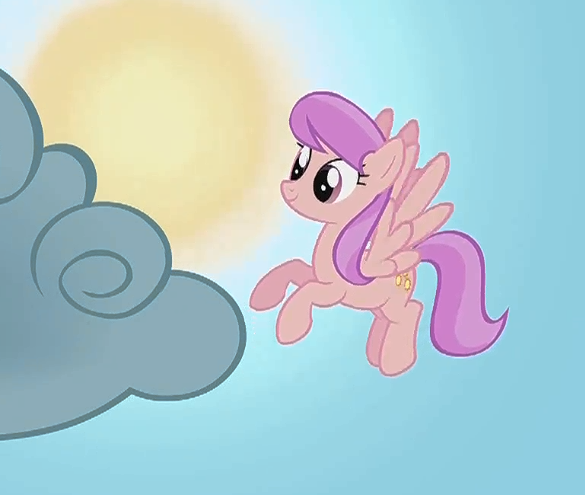 Size: 585x495 | Tagged: safe, derpibooru import, screencap, pegasus, pony, look before you sleep, background pony, cloud, cropped, female, flying, fuchsia berry, mare, smiling, solo, sun