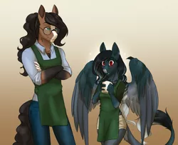 Size: 3835x3112 | Tagged: safe, artist:askbubblelee, derpibooru import, oc, oc:pandie, oc:walter nutt, unofficial characters only, anthro, earth pony, pegasus, anthro oc, apron, blushing, clothes, crossed arms, cup, death by coffee, fangs, female, leonine tail, male, mare, oc x oc, pants, red eyes, shipping, shirt, shorts, smiling, stallion, story in the source, straight