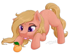 Size: 1024x768 | Tagged: safe, artist:novaintellus, derpibooru import, oc, oc:apricot, unofficial characters only, earth pony, pony, apricot, body freckles, butt freckles, cute, cute little fangs, ear piercing, fangs, female, food, freckles, fruit, kneeling, looking at something, mare, ocbetes, piercing, requested art, signature, simple background, solo, tongue out, transparent background