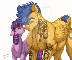 Size: 400x333 | Tagged: safe, artist:rossignolet, derpibooru import, flash sentry, twilight sparkle, twilight sparkle (alicorn), alicorn, pony, buff, female, flash hunktry, flashlight, flex sentry, male, muscles, shipping, straight, tattoo, torn ear, watermark