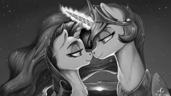 Size: 2400x1350 | Tagged: safe, artist:amarynceus, deleted from derpibooru, derpibooru import, princess celestia, rarity, alicorn, pony, unicorn, boop, duo, eye contact, female, glowing horn, gray background, grayscale, lesbian, looking at each other, magic, magic aura, mare, monochrome, mutual booping, noseboop, rarilestia, regalia, shipping, simple background