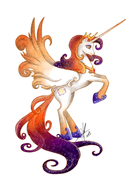 Size: 1200x1650 | Tagged: safe, artist:ladyamaltea, derpibooru import, oc, oc:queen galaxia, unofficial characters only, alicorn, pony, alicorn oc, crown, ethereal mane, female, galaxy mane, jewelry, long horn, mare, previous generation, queen, rearing, regalia, simple background, starry mane, transparent background