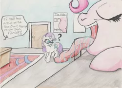 Size: 3289x2384 | Tagged: suggestive, artist:mrleft, derpibooru import, pinkie pie, rarity, dialogue, drool, drool string, eyes closed, fetish, imminent vore, macro, macro/micro, mucous, mucus, pinkie pred, rariprey, saliva puddle, salivating, slimy, taste buds, this will end in vore, tongue out, traditional art