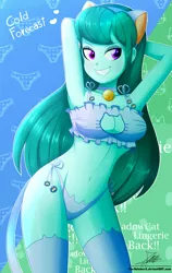 Size: 1595x2527 | Tagged: suggestive, artist:the-butch-x, derpibooru import, cold forecast, equestria girls, arm behind head, armpits, bedroom eyes, bell, bell collar, belly button, blue underwear, boob window, bra, breasts, butch's shadow cat lingerie, cat bell, cat ears, cat keyhole bra set, cat lingerie, cat tail, cleavage, clothes, collar, crop top bra, female, frilly underwear, grin, heart, lidded eyes, lingerie, looking at you, panties, sexy, shadowcat lingerie, side knot underwear, smiling, socks, solo, solo female, stockings, stupid sexy cold forecast, teeth, thigh highs, underwear
