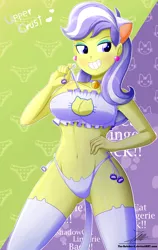 Size: 1595x2527 | Tagged: suggestive, artist:the-butch-x, derpibooru import, upper crust, equestria girls, bedroom eyes, bell, bell collar, belly button, blue underwear, blushing, boob window, bra, breasts, busty upper crust, butch's shadow cat lingerie, cat bell, cat ears, cat keyhole bra set, cat lingerie, cat tail, cleavage, clothes, collar, crop top bra, female, frilly underwear, grin, lidded eyes, lingerie, looking at you, panties, sexy, shadowcat lingerie, side knot underwear, smiling, socks, solo, solo female, stockings, stupid sexy upper crust, thigh highs, thighs, underass, underwear