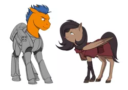 Size: 3508x2480 | Tagged: safe, artist:renniksarts, derpibooru import, oc, oc:orange kyanite, oc:quillwright, unofficial characters only, earth pony, pegasus, pony, fallout equestria, :p, armor, couple, fallout equestria: of shadows, fanfic art, female, male, power armor, scribe, scribe robe, silly, simple background, steel ranger, steel rangers, straight, tongue out, white background