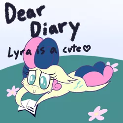 Size: 900x900 | Tagged: safe, artist:dragonpone, derpibooru import, bon bon, sweetie drops, earth pony, pony, adorabon, blushing, cheek fluff, cute, diary, ear fluff, female, flower, heart, implied lesbian, implied lyra, implied lyrabon, implied shipping, mare, prone, smiling, solo, sploot