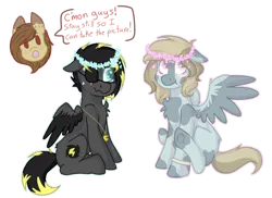 Size: 1200x872 | Tagged: safe, artist:person8149, derpibooru import, oc, oc:landry, oc:slash, oc:strawberry cream, unofficial characters only, pegasus, pony, blushing, eyepatch, female, male, mare, simple background, sitting, stallion, transparent background