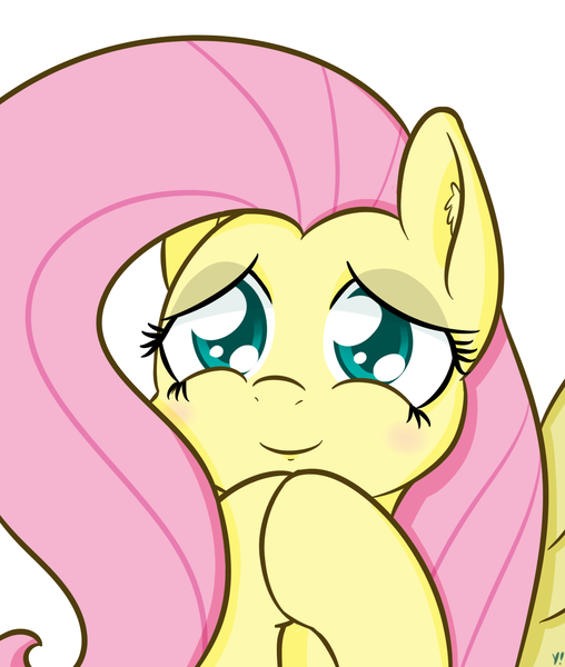 Size: 1100x1300 | Tagged: safe, artist:yakoshi, derpibooru import, fluttershy, pegasus, pony, bust, colored pupils, cute, daaaaaaaaaaaw, ear fluff, hooves together, looking at something, portrait, shyabetes, simple background, smiling, solo, white background, wings