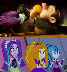 Size: 971x1057 | Tagged: safe, artist:hunterxcolleen, derpibooru import, edit, edited screencap, screencap, adagio dazzle, aria blaze, sonata dusk, vulture, equestria girls, rainbow rocks, bestiality, crossover, disgusted, gargamel, interspecies, kissing, monty, smurfs, smurfs: the lost village, smurfs: the lost village (movie), the dazzlings, the smurfs