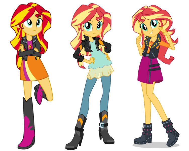 Size: 1442x1152 | Tagged: safe, artist:givralix, artist:sugar-loop, derpibooru import, sunset shimmer, equestria girls, equestria girls series, friendship games, boots, clothes, comparison, crossed arms, cute, female, geode of empathy, hand on hip, high heel boots, jacket, leaning, leather jacket, looking at you, peace sign, shimmerbetes, shoes, simple background, skirt, smiling, solo, transparent background, vector