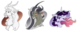 Size: 1430x579 | Tagged: safe, artist:bijutsuyoukai, derpibooru import, oc, oc:arson, oc:asmia sparkle, oc:vodou, unofficial characters only, draconequus, hybrid, pony, unicorn, bust, female, interspecies offspring, magical lesbian spawn, mare, offspring, parent:discord, parent:fluttershy, parent:princess luna, parent:twilight sparkle, parents:discoshy, parents:twiluna, parents:zecord, portrait